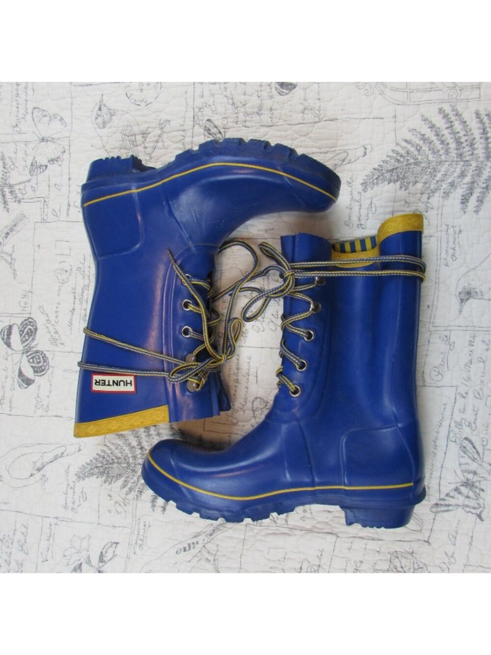 Hunter Festival Lace Up Mid Calf Wellington Rain Boots Blue Yellow Stripes  8